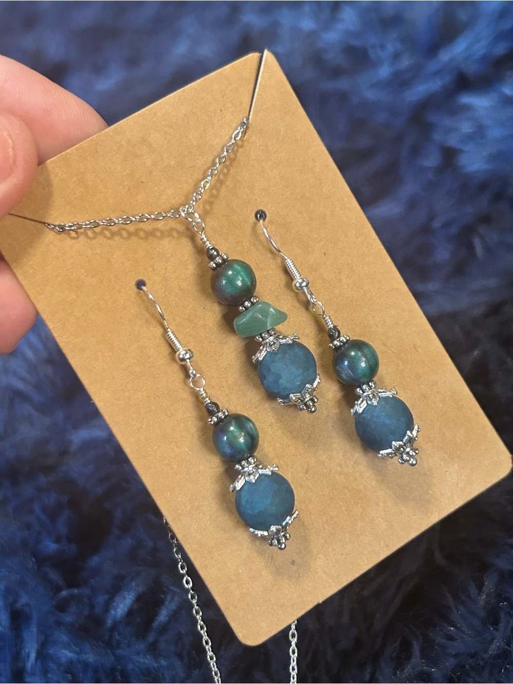 Handcrafted blue crackle glass aventurine cat eye necklace and earring set
